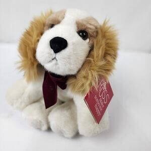 Russ Berrie Tan White Cocker Spaniel 6" Plush Red Bow NWT - Old Style Tags